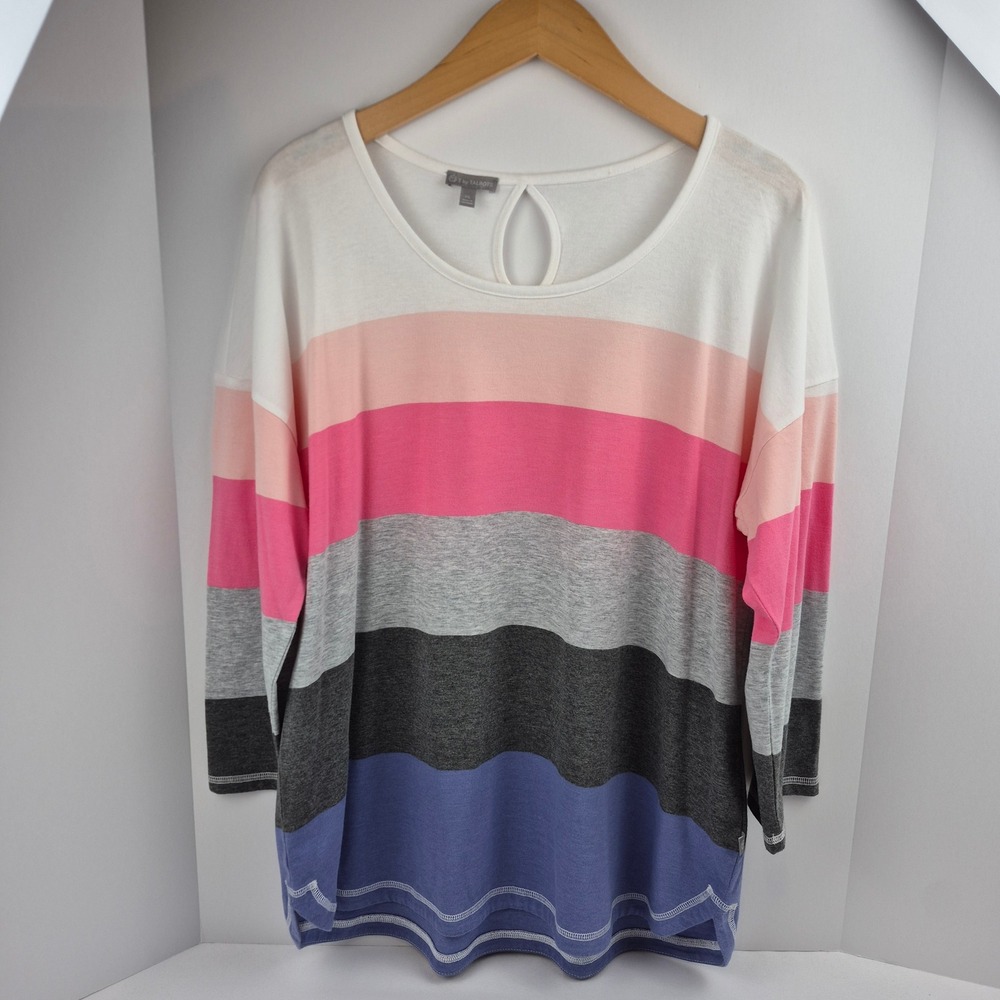 T by Talbots Womens XL Striped Keyhole Neck Long Sleeve Top‎ Pink Grey Blue